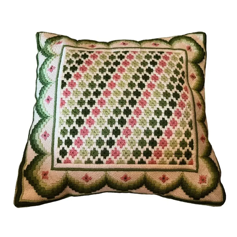 Vintage Crewel Green Pink Pair Of Pillows Matching 11x11” Velvet Backed Firm